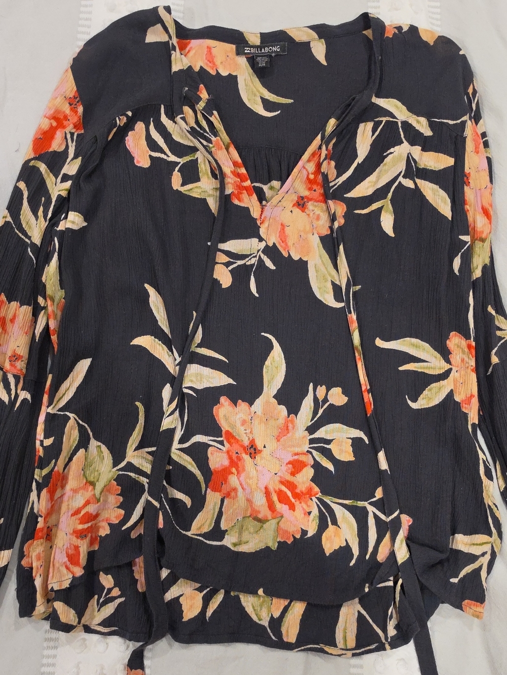 Billabong Black Floral Tie-Neck Peasant Blouse